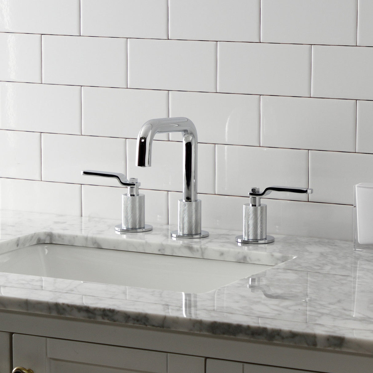 Whitaker KS1411KL Two-Handle 3-Hole Deck Mount Widespread Bathroom Faucet with Push Pop-Up, Polished Chrome