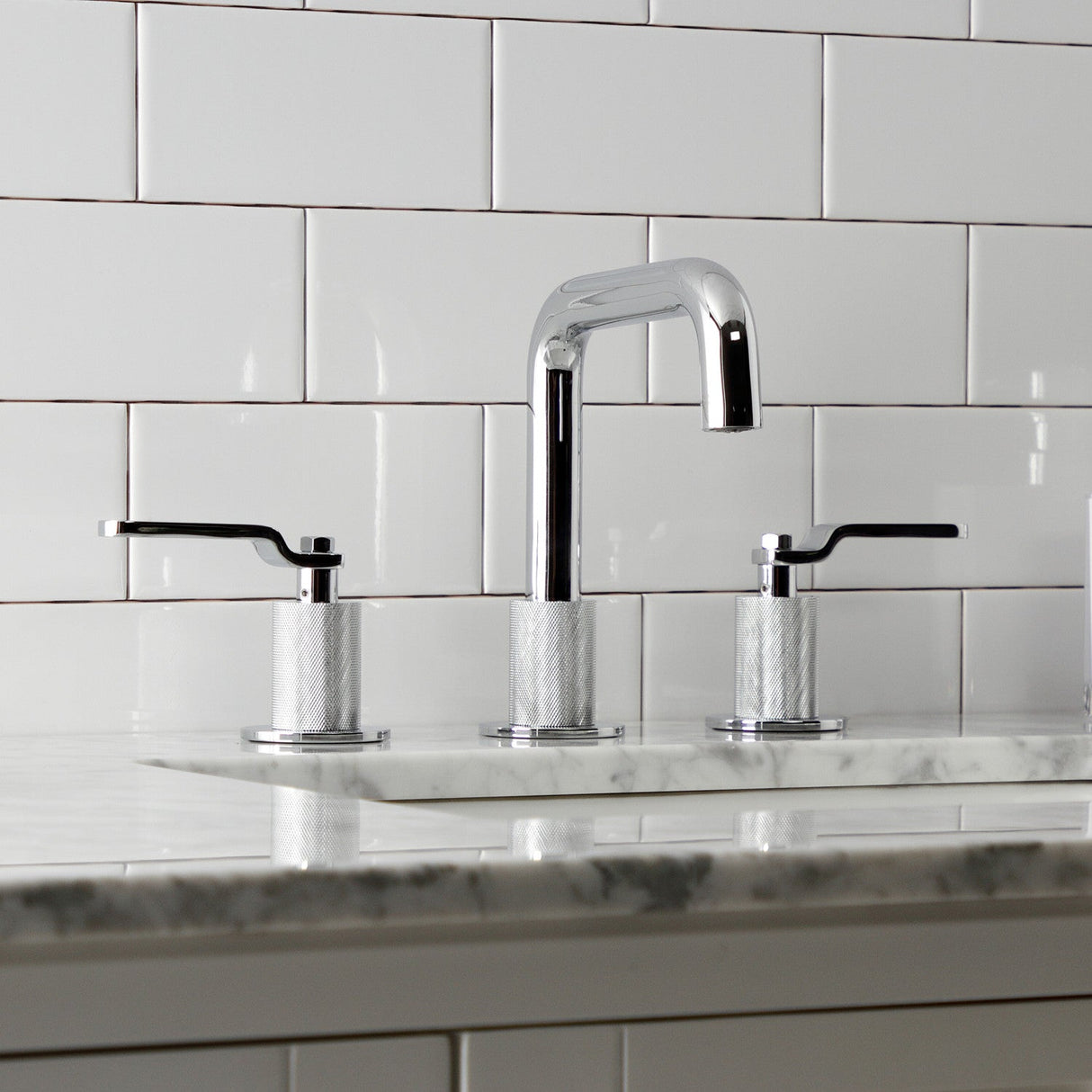 Whitaker KS1411KL Two-Handle 3-Hole Deck Mount Widespread Bathroom Faucet with Push Pop-Up, Polished Chrome