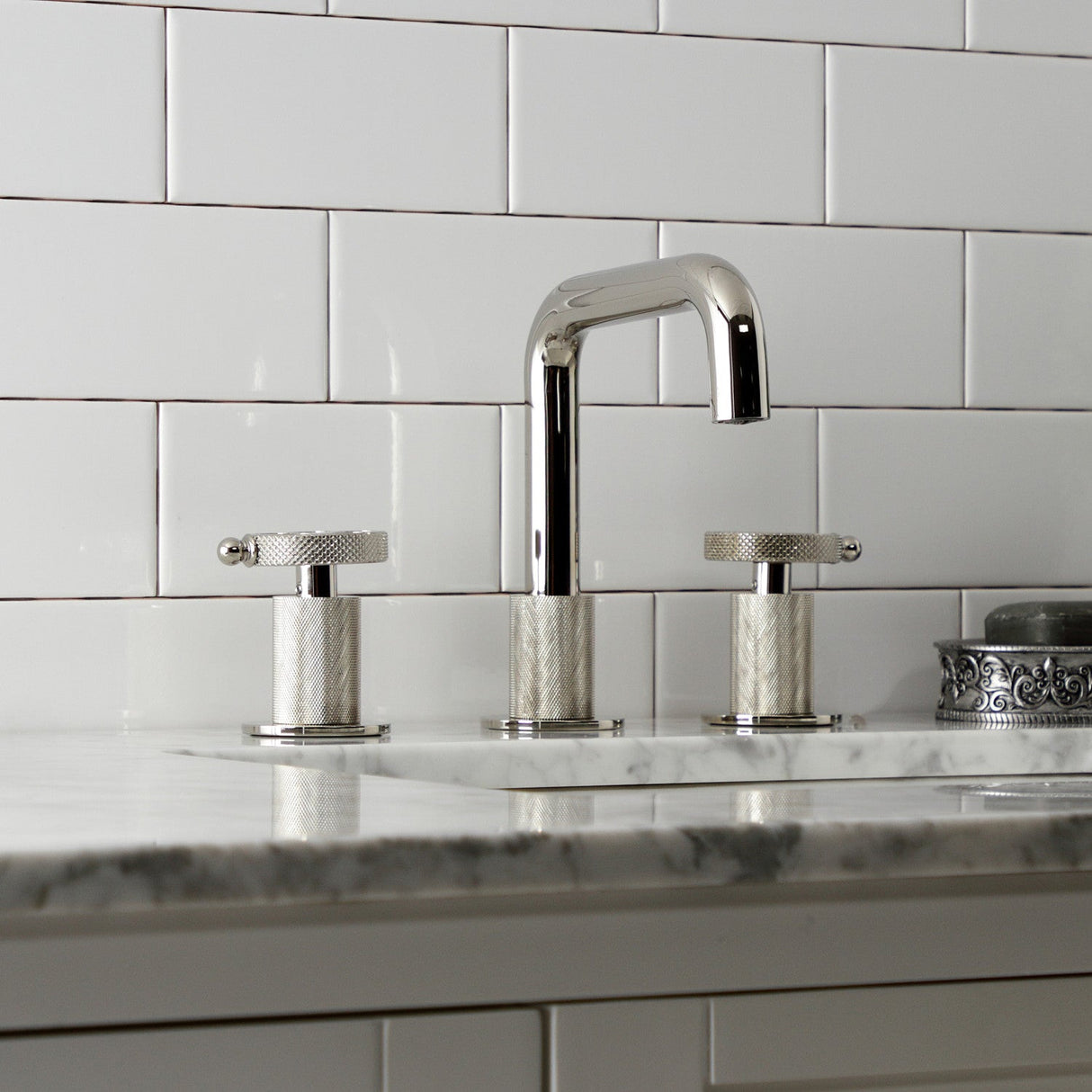 Webb KS1416RKX Two-Handle 3-Hole Deck Mount Widespread Bathroom Faucet with Knurled Handle and Push Pop-Up Drain, Polished Nickel