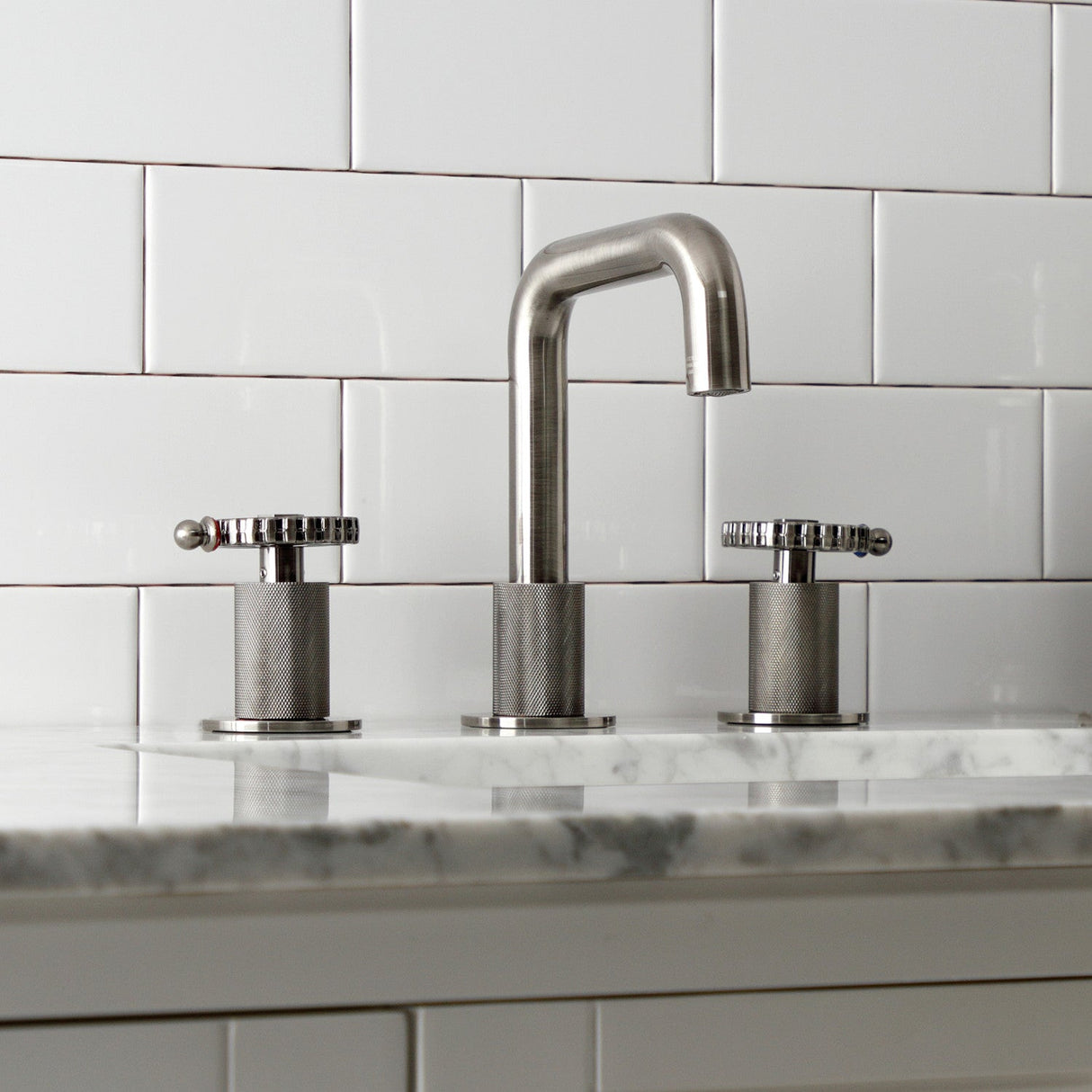 Fuller KS141BSSCG Two-Handle 3-Hole Deck Mount Widespread Bathroom Faucet with Push Pop-Up, Black Stainless