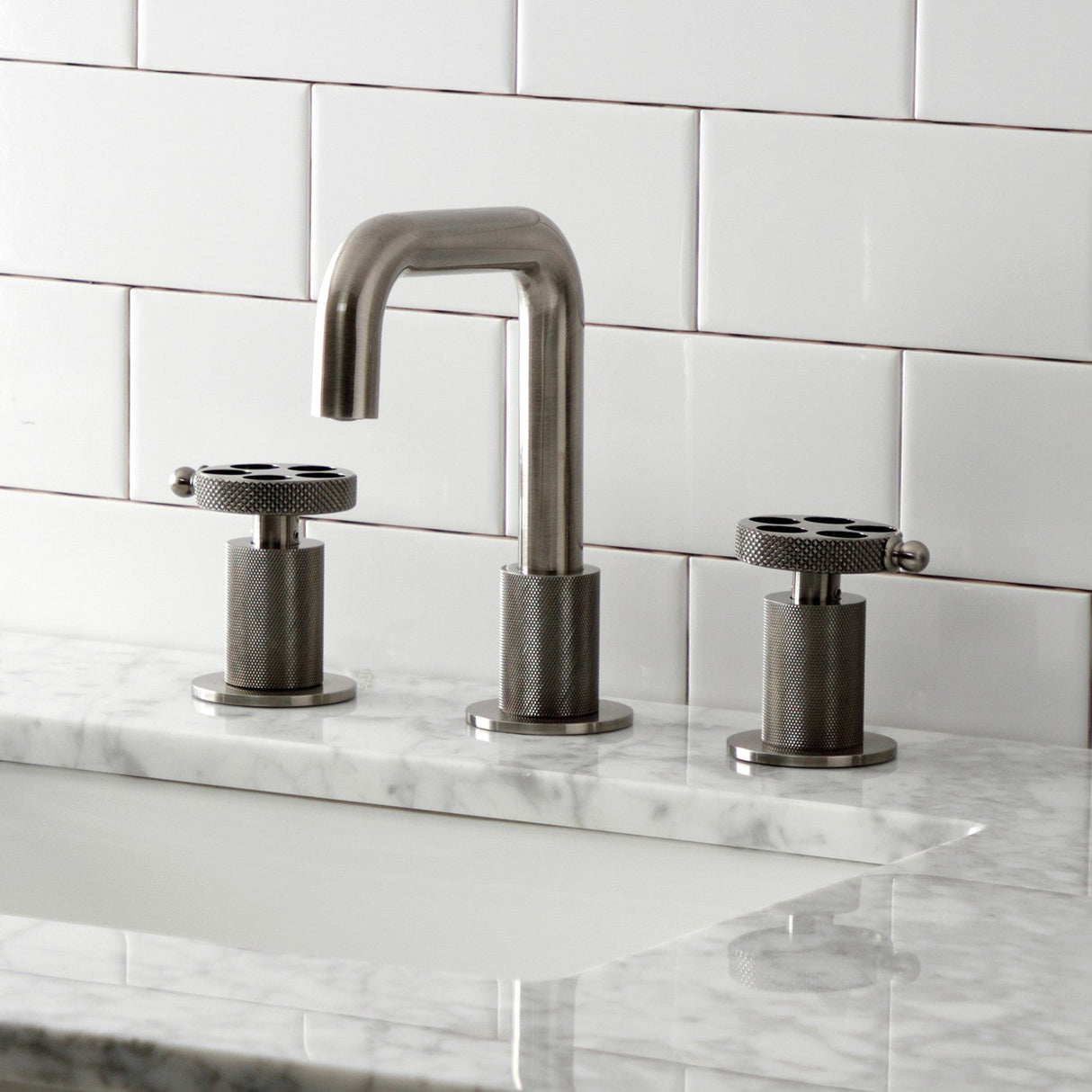 Webb KS141BSSRKX Two-Handle 3-Hole Deck Mount Widespread Bathroom Faucet with Knurled Handle and Push Pop-Up Drain, Black Stainless