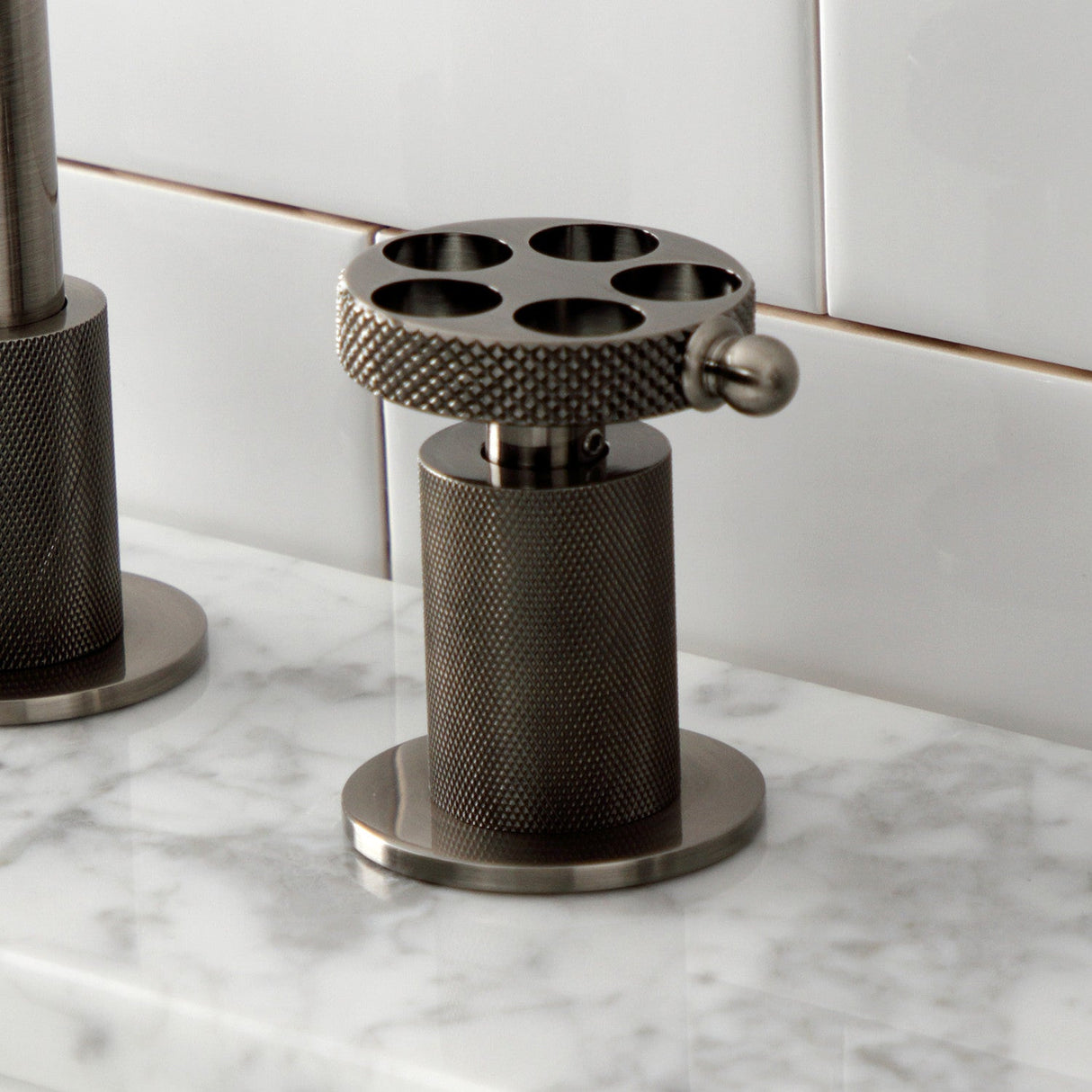 Webb KS141BSSRKX Two-Handle 3-Hole Deck Mount Widespread Bathroom Faucet with Knurled Handle and Push Pop-Up Drain, Black Stainless