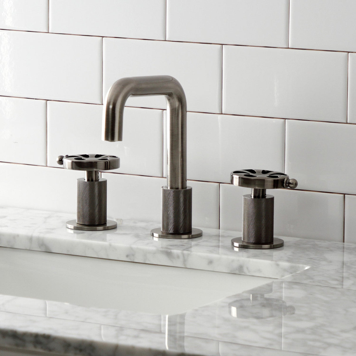 Belknap KS141BSSRX Two-Handle 3-Hole Deck Mount Widespread Bathroom Faucet with Push Pop-Up, Black Stainless