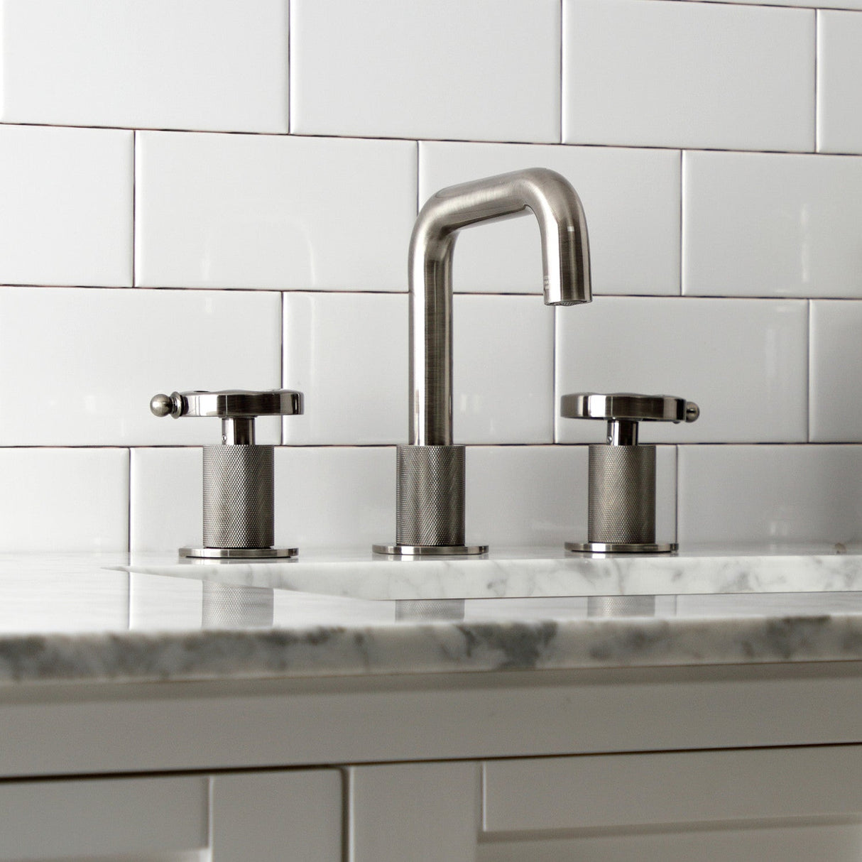 Belknap KS141BSSRX Two-Handle 3-Hole Deck Mount Widespread Bathroom Faucet with Push Pop-Up, Black Stainless