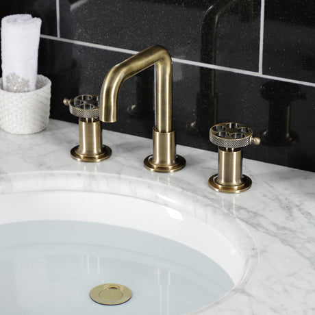 Webb KS142RKXAB Two-Handle 3-Hole Deck Mount Widespread Bathroom Faucet with Knurled Handle and Push Pop-Up Drain, Antique Brass