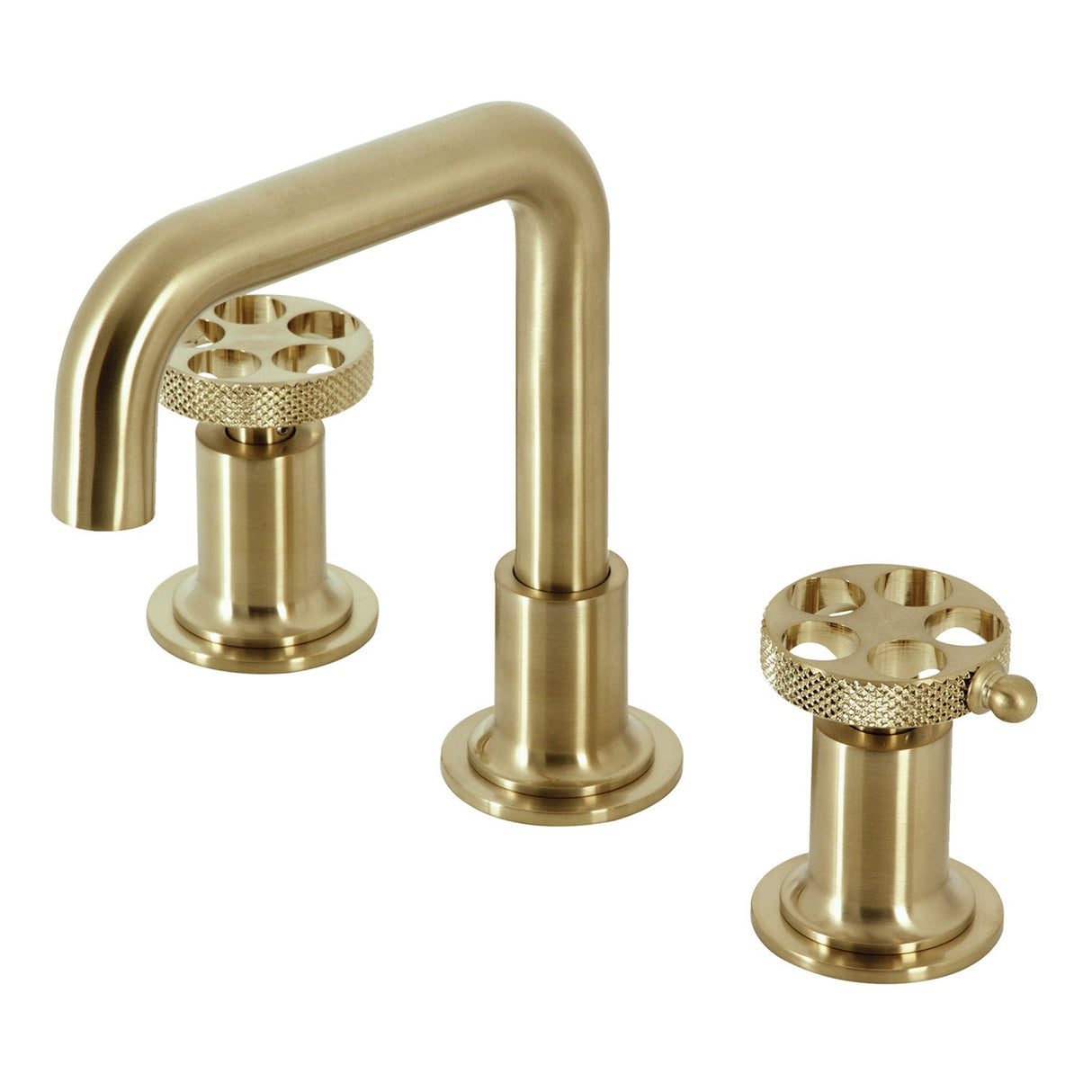 Webb KS142RKXBB Two-Handle 3-Hole Deck Mount Widespread Bathroom Faucet with Knurled Handle and Push Pop-Up Drain, Brushed Brass