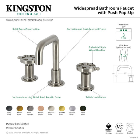 Belknap KS142RXBN Two-Handle 3-Hole Deck Mount Widespread Bathroom Faucet with Push Pop-Up, Brushed Nickel