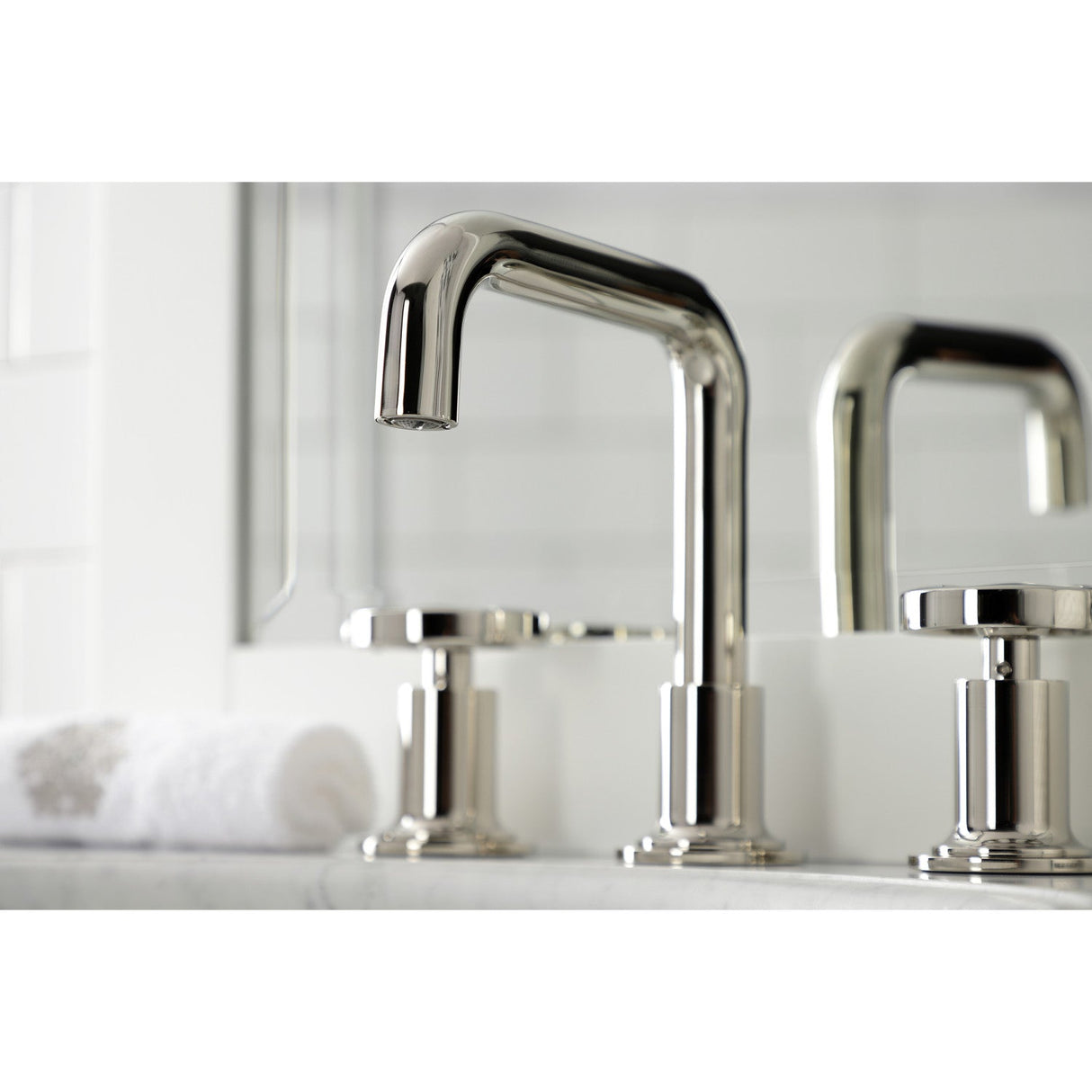 Belknap KS142RXPN Two-Handle 3-Hole Deck Mount Widespread Bathroom Faucet with Push Pop-Up, Polished Nickel