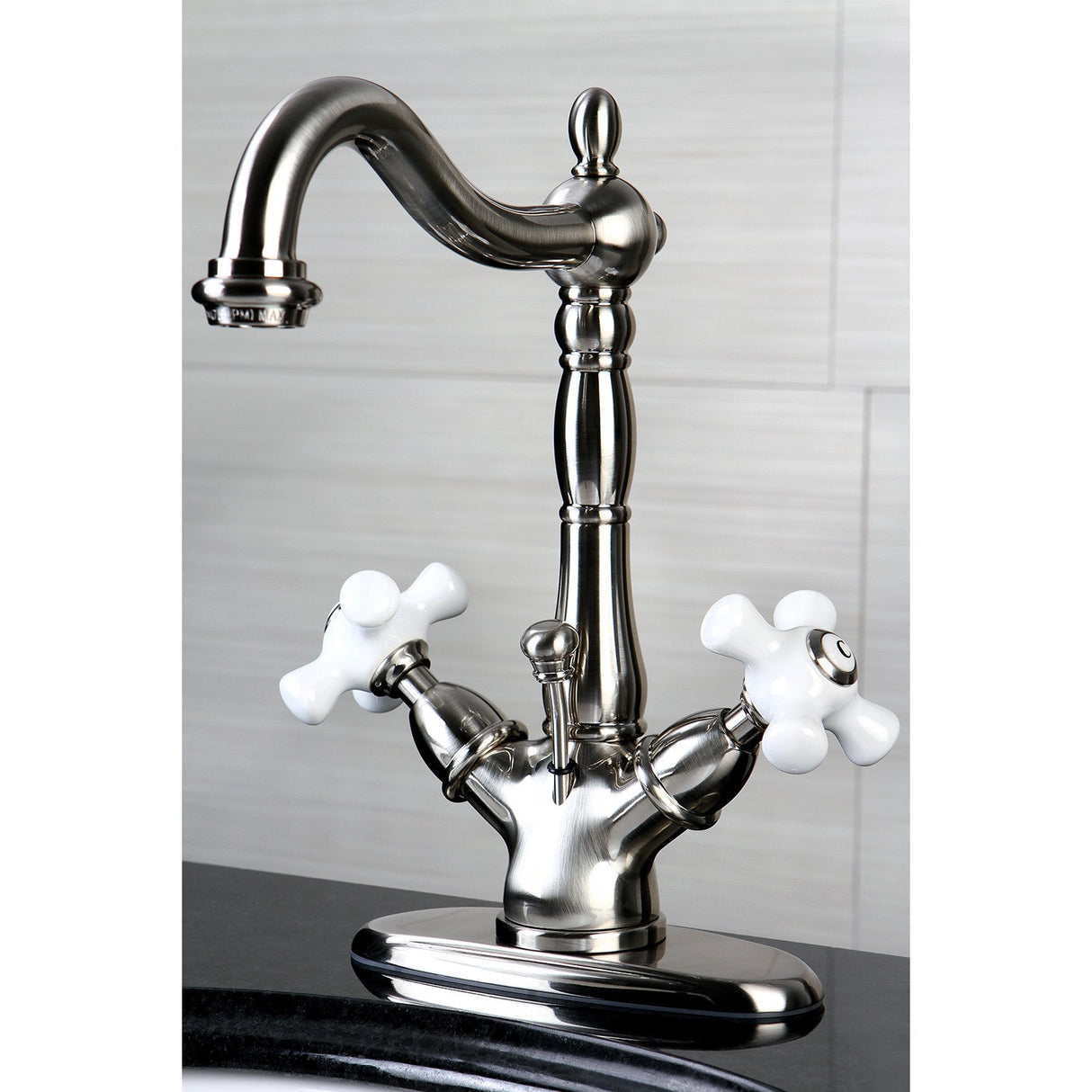 Heritage KS1438PX Two-Handle 1-or-3 Hole Deck Mount Bathroom Faucet with Brass Pop-Up, Brushed Nickel