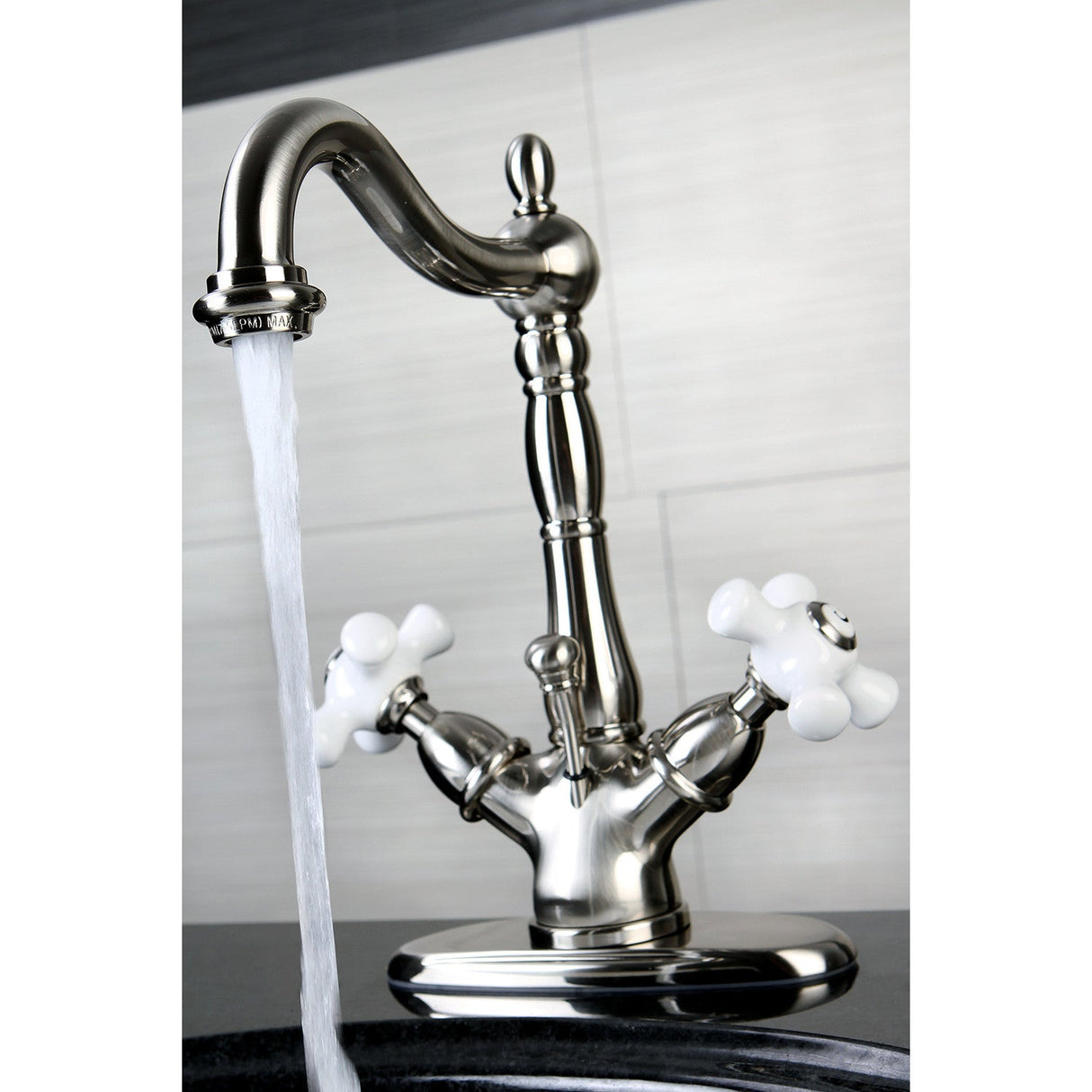 Heritage KS1438PX Two-Handle 1-or-3 Hole Deck Mount Bathroom Faucet with Brass Pop-Up, Brushed Nickel