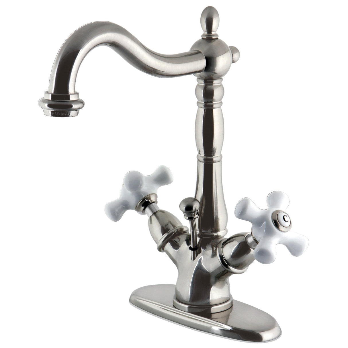 Heritage KS1438PX Two-Handle 1-or-3 Hole Deck Mount Bathroom Faucet with Brass Pop-Up, Brushed Nickel