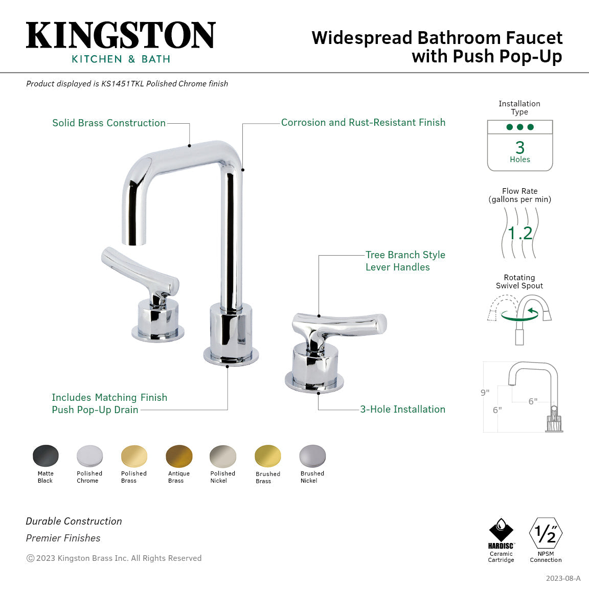 Hallerbos KS1452TKL Two-Handle 3-Hole Deck Mount Widespread Bathroom Faucet with Push Pop-Up, Polished Brass