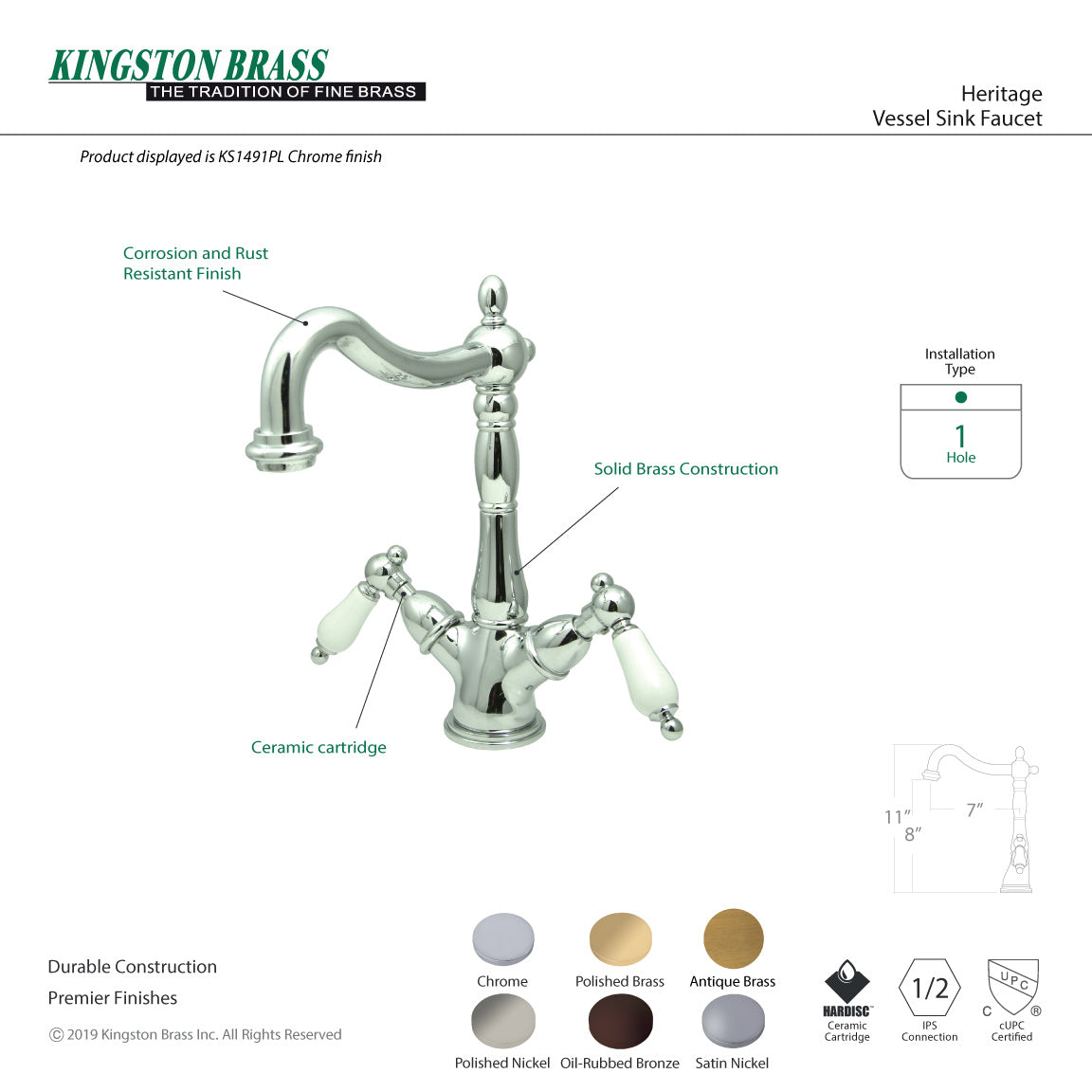 Heritage KS1493PL Two-Handle 1-or-3 Hole Deck Mount Vessel Faucet, Antique Brass
