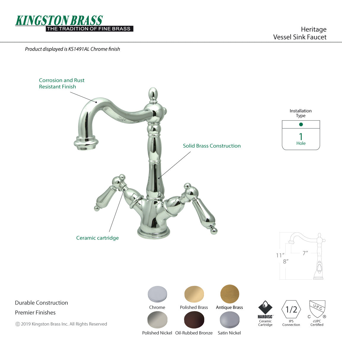 Heritage KS1496AL Two-Handle 1-or-3 Hole Deck Mount Vessel Faucet, Polished Nickel