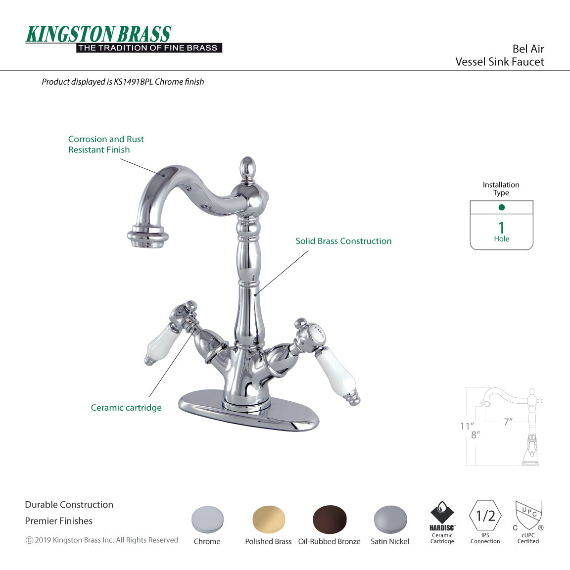 Bel-Air KS1498BPL Two-Handle 1-or-3 Hole Deck Mount Vessel Faucet, Brushed Nickel