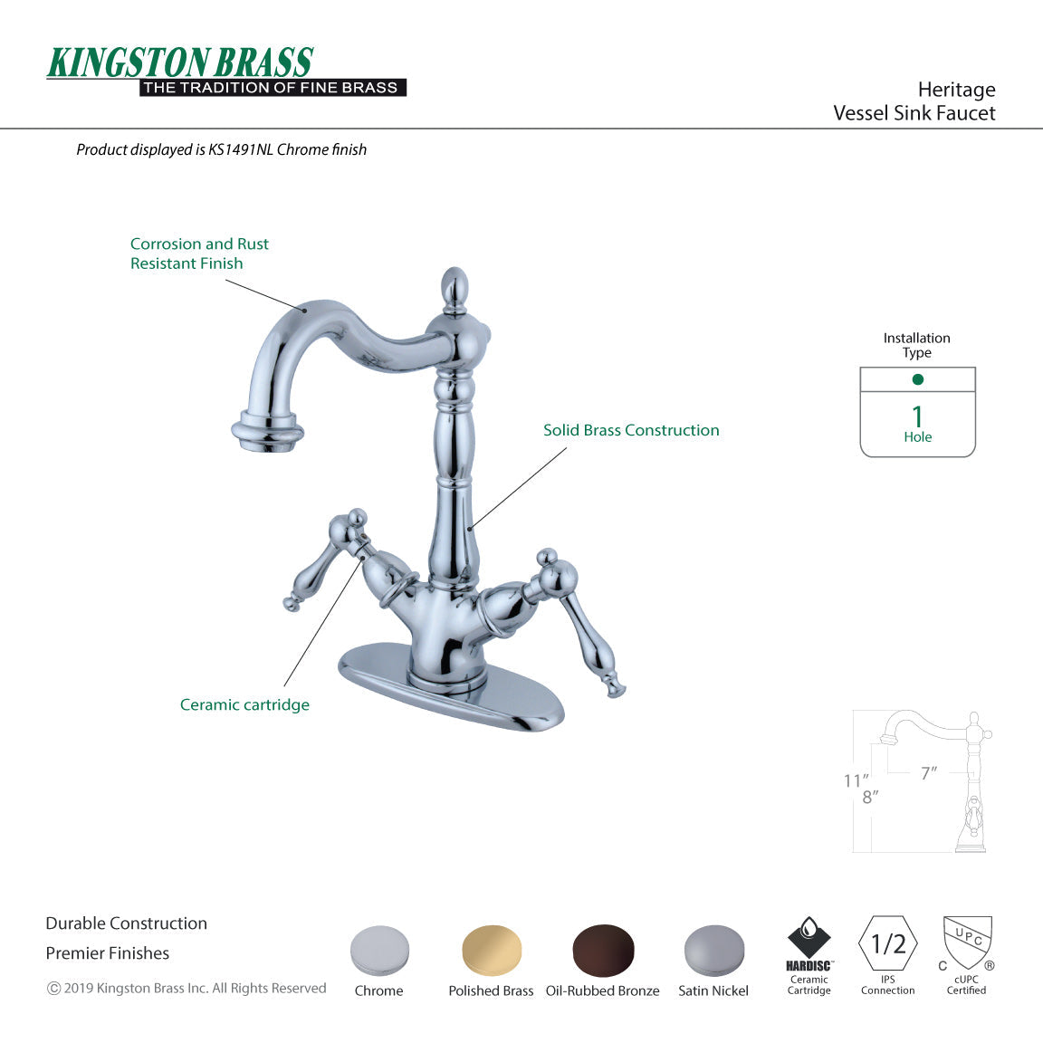 Heritage KS1498NL Two-Handle 1-or-3 Hole Deck Mount Vessel Faucet, Brushed Nickel