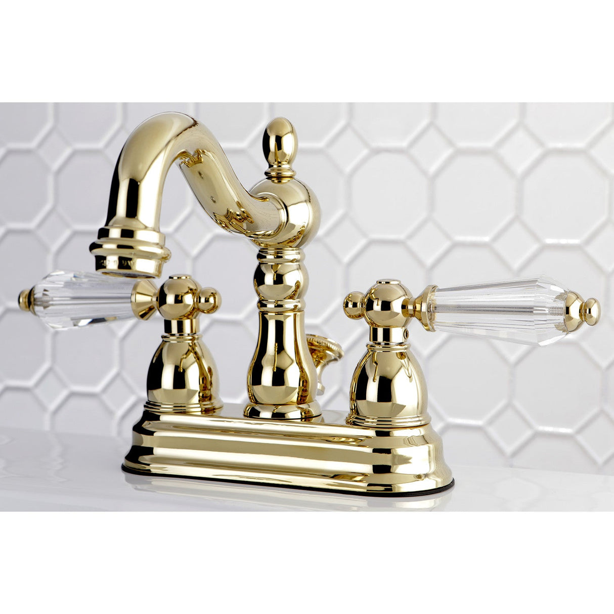 Wilshire KS1602WLL Two-Handle 3-Hole Deck Mount 4" Centerset Bathroom Faucet with Brass Pop-Up, Polished Brass
