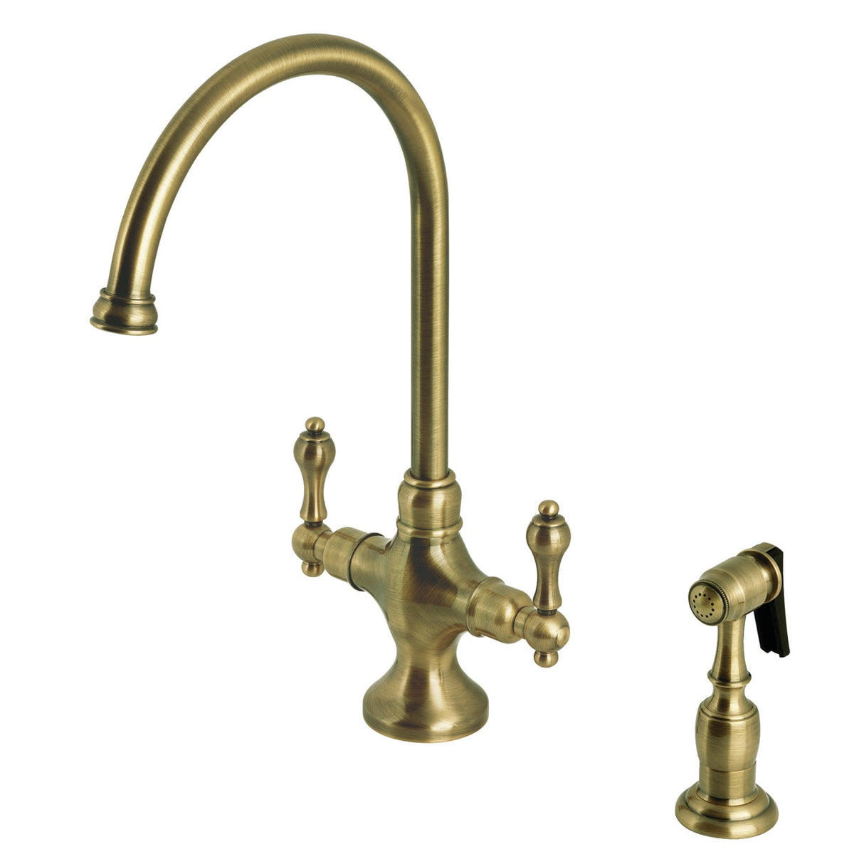 Vintage KS1763ALBS Two-Handle 2-Hole Deck Mount Kitchen Faucet with Brass Sprayer, Antique Brass