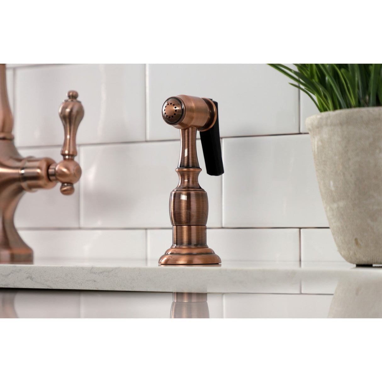 Heritage KS177ALBSAC Two-Handle 2-Hole Deck Mount Kitchen Faucet with Brass Sprayer, Antique Copper