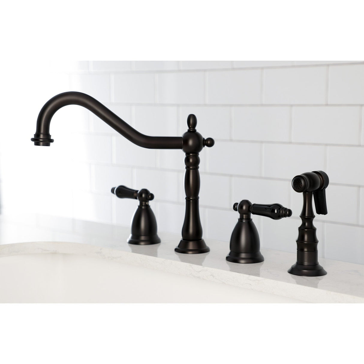 Duchess KS1795PKLBS Two-Handle 4-Hole Deck Mount Widespread Kitchen Faucet with Brass Sprayer, Oil Rubbed Bronze