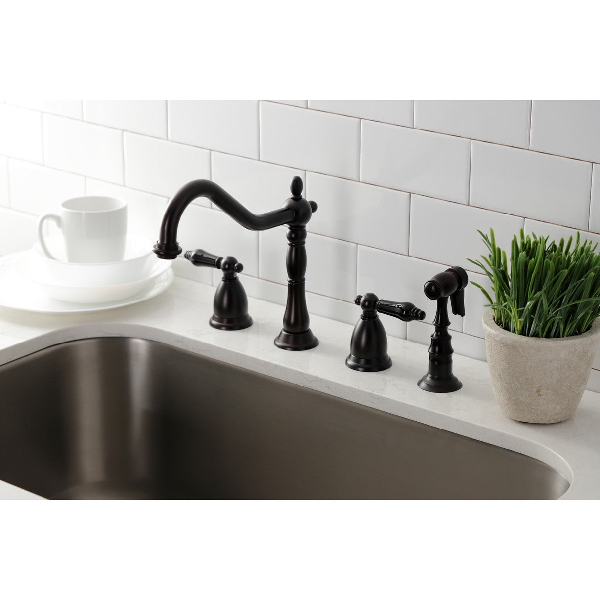 Duchess KS1795PKLBS Two-Handle 4-Hole Deck Mount Widespread Kitchen Faucet with Brass Sprayer, Oil Rubbed Bronze