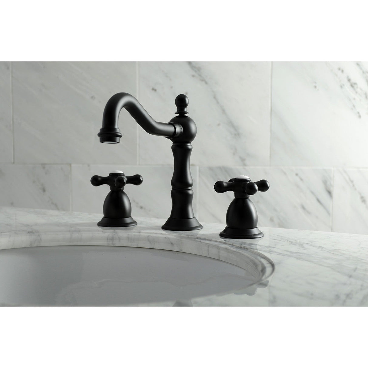 Heritage KS1970AX Two-Handle 3-Hole Deck Mount Widespread Bathroom Faucet with Brass Pop-Up, Matte Black