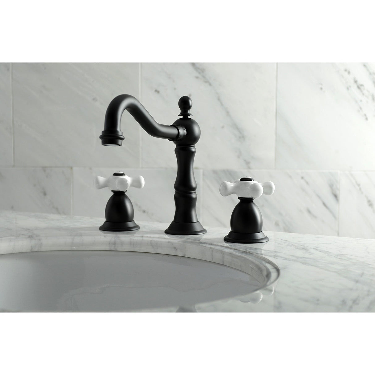 Heritage KS1970PX Two-Handle 3-Hole Deck Mount Widespread Bathroom Faucet with Brass Pop-Up, Matte Black
