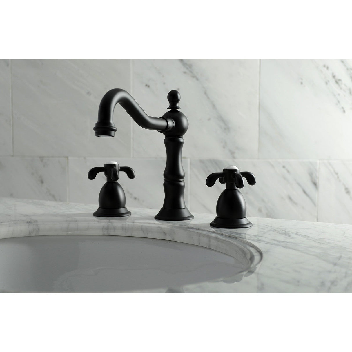 French Country KS1970TX Two-Handle 3-Hole Deck Mount Widespread Bathroom Faucet with Brass Pop-Up, Matte Black