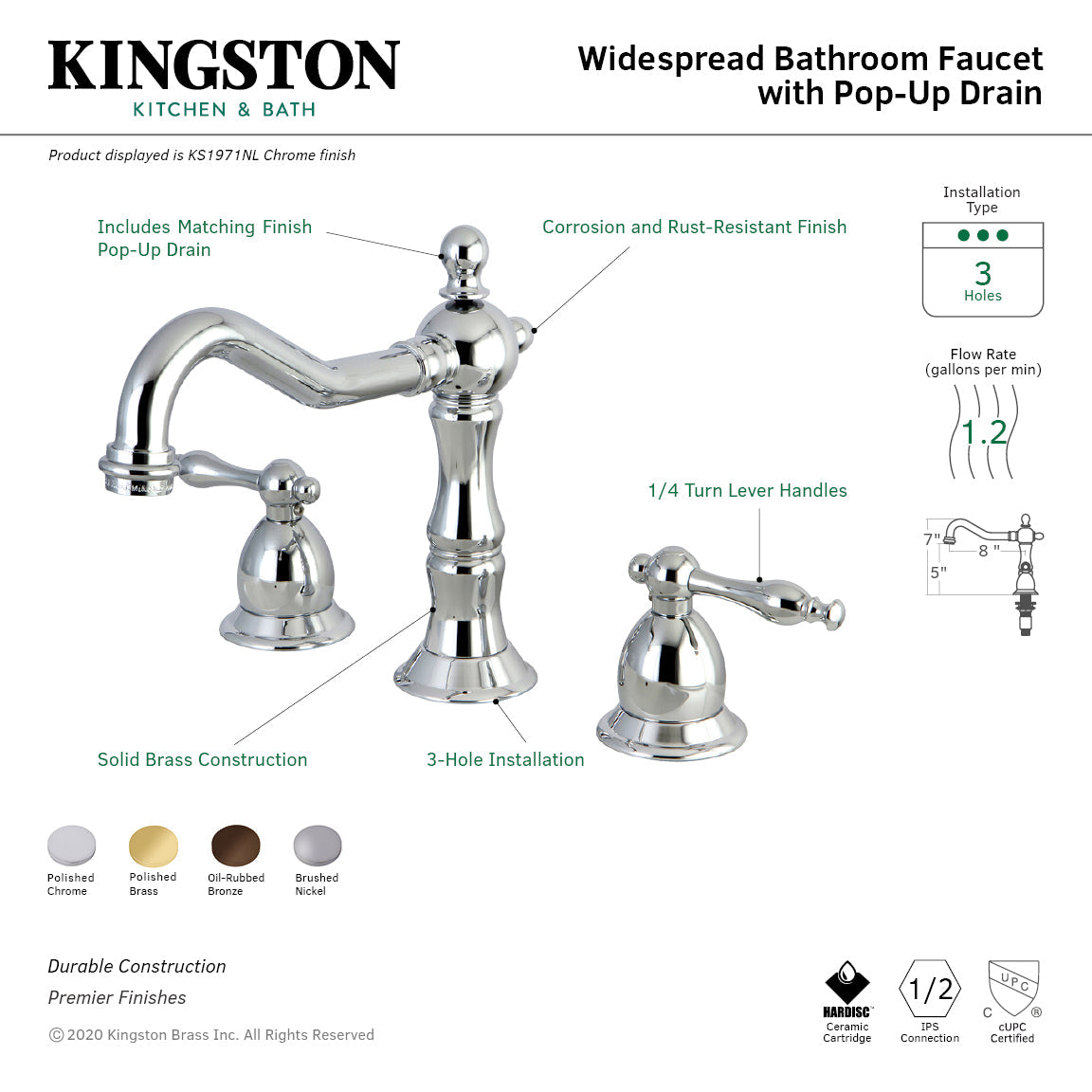 Heritage KS1971NL Two-Handle 3-Hole Deck Mount Widespread Bathroom Faucet with Brass Pop-Up, Polished Chrome