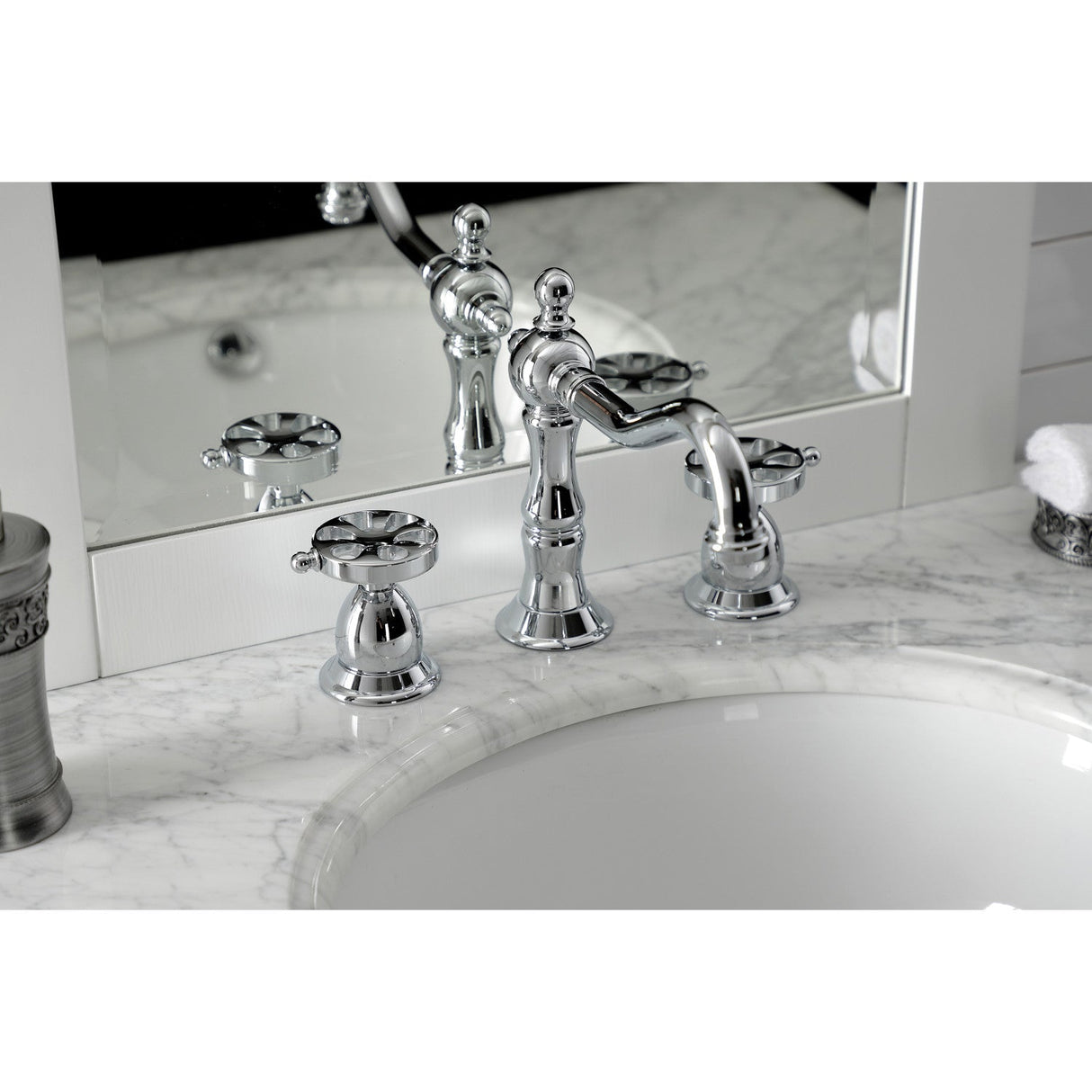 Belknap KS1971RX Two-Handle 3-Hole Deck Mount Widespread Bathroom Faucet with Brass Pop-Up, Polished Chrome