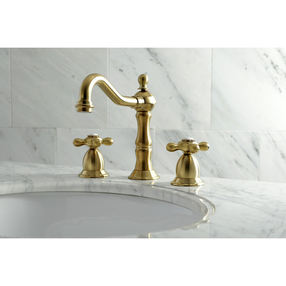 Heritage KS1977AX Two-Handle 3-Hole Deck Mount Widespread Bathroom Faucet with Brass Pop-Up, Brushed Brass