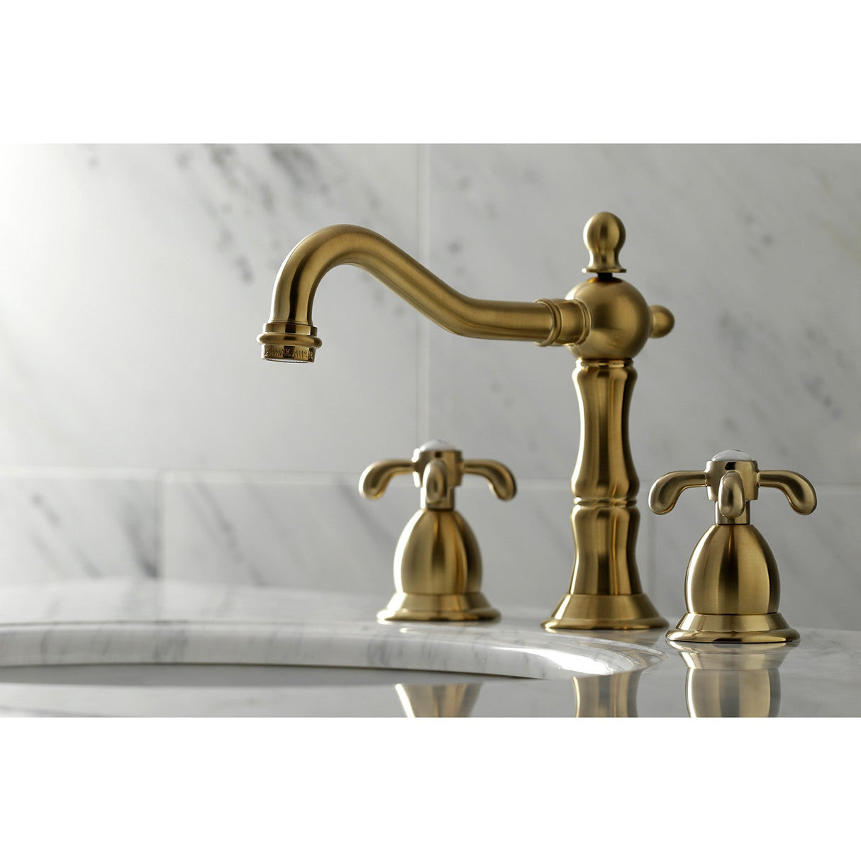 French Country KS1977TX Two-Handle 3-Hole Deck Mount Widespread Bathroom Faucet with Brass Pop-Up, Brushed Brass