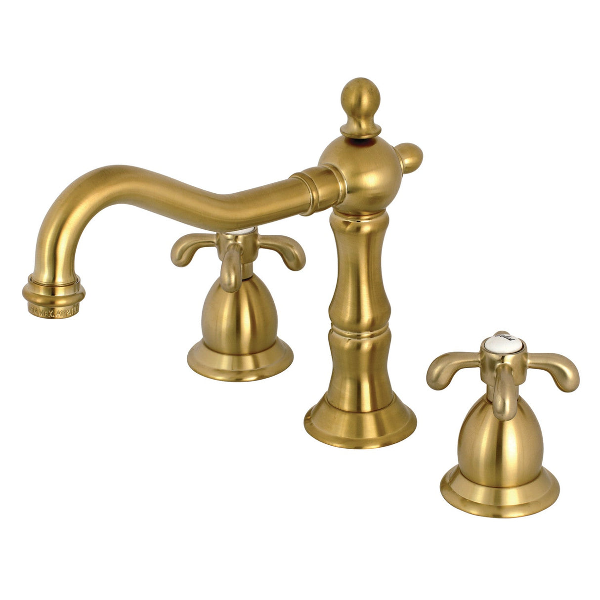 French Country KS1977TX Two-Handle 3-Hole Deck Mount Widespread Bathroom Faucet with Brass Pop-Up, Brushed Brass