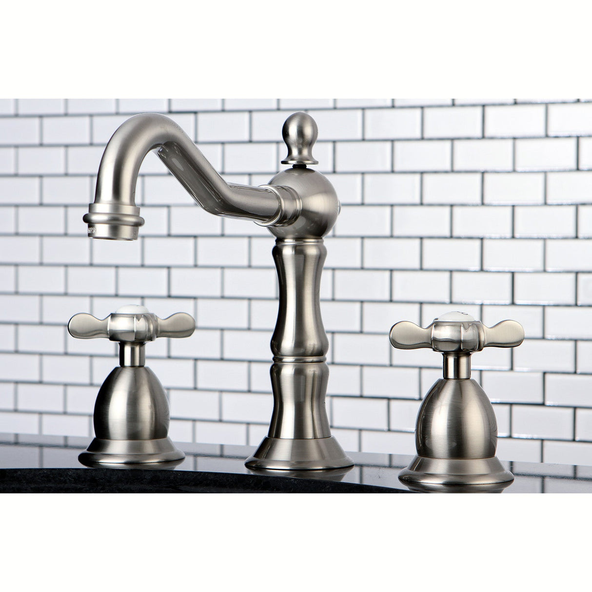 Essex KS1978BEX Two-Handle 3-Hole Deck Mount Widespread Bathroom Faucet with Brass Pop-Up, Brushed Nickel