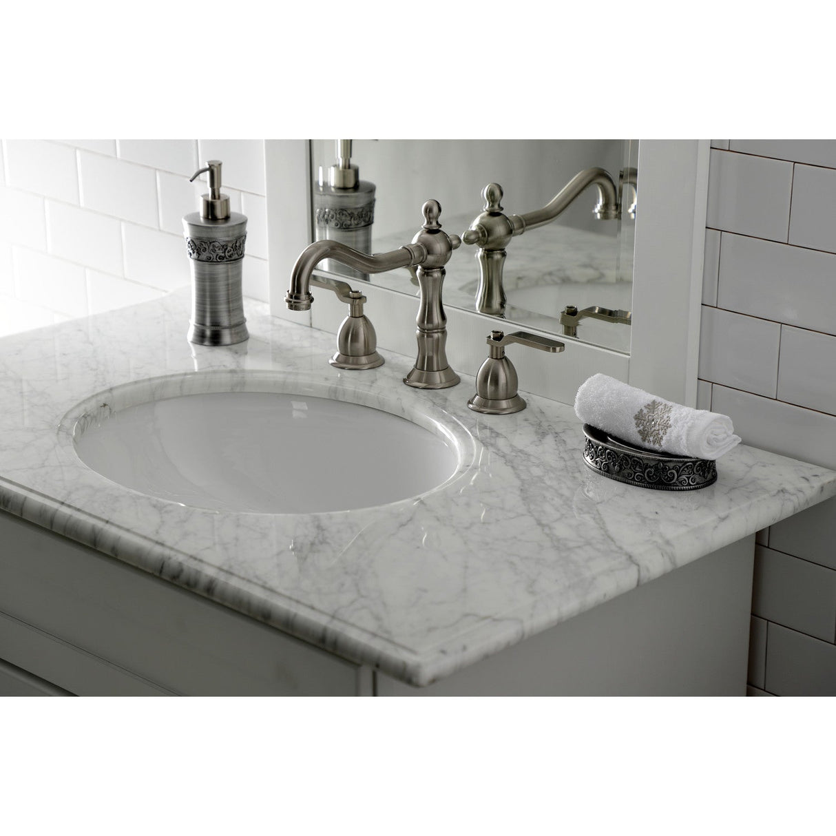 Whitaker KS1978KL Two-Handle 3-Hole Deck Mount Widespread Bathroom Faucet with Brass Pop-Up, Brushed Nickel