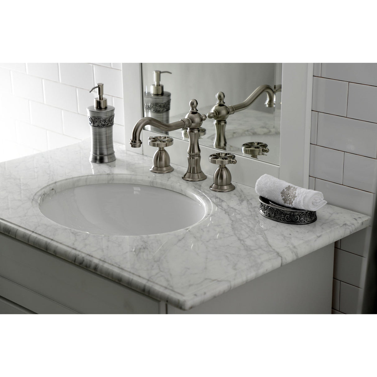 Belknap KS1978RX Two-Handle 3-Hole Deck Mount Widespread Bathroom Faucet with Brass Pop-Up, Brushed Nickel