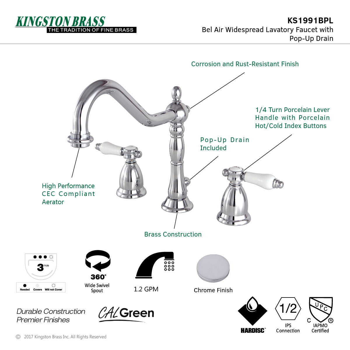 Bel-Air KS1991BPL Two-Handle 3-Hole Deck Mount Widespread Bathroom Faucet with Brass Pop-Up, Polished Chrome