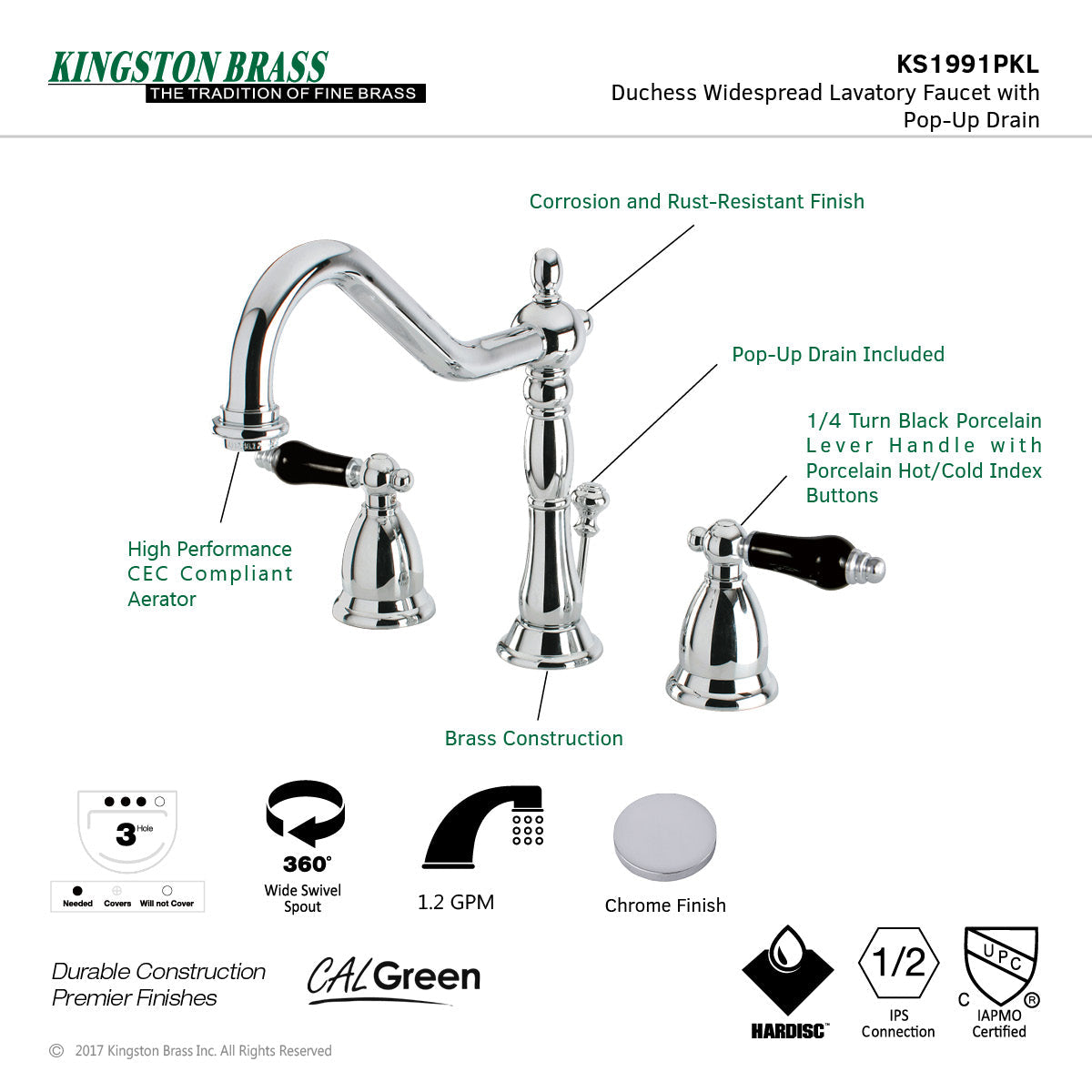 Duchess KS1991PKL Two-Handle 3-Hole Deck Mount Widespread Bathroom Faucet with Brass Pop-Up, Polished Chrome