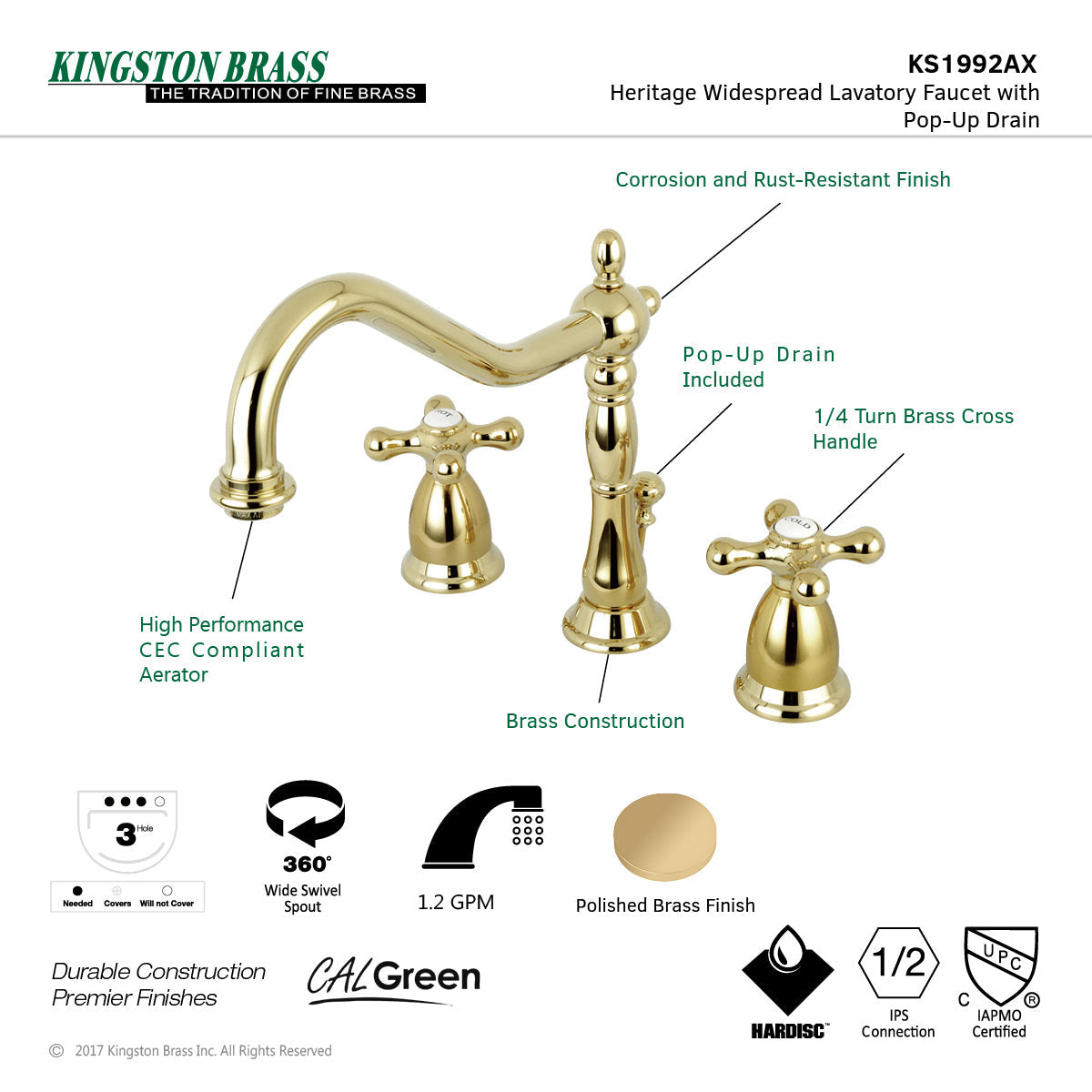 Heritage KS1992AX Two-Handle 3-Hole Deck Mount Widespread Bathroom Faucet with Brass Pop-Up, Polished Brass