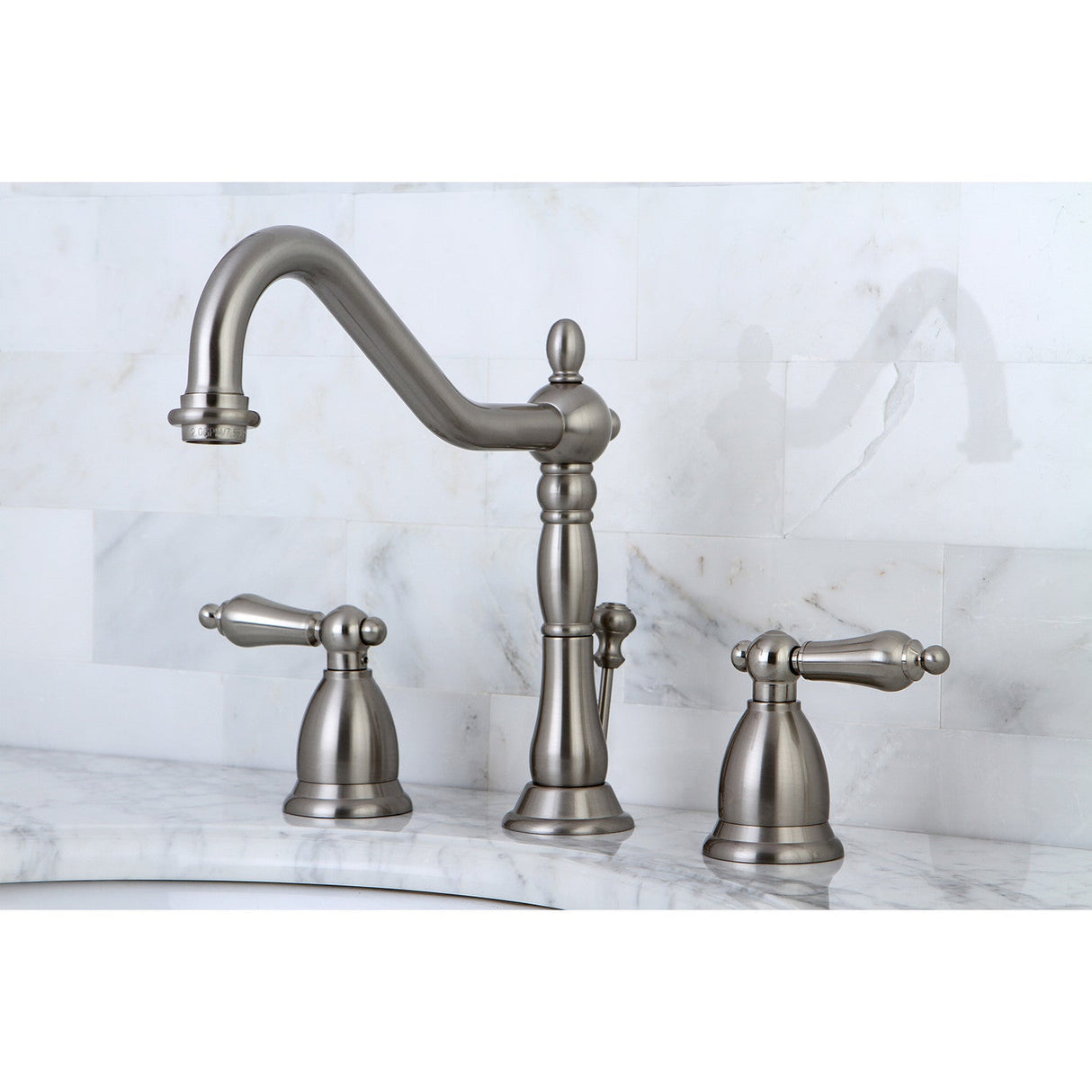 Heritage KS1998AL Two-Handle 3-Hole Deck Mount Widespread Bathroom Faucet with Brass Pop-Up, Brushed Nickel