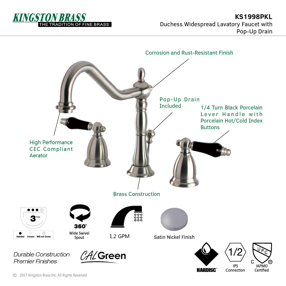 Duchess KS1998PKL Two-Handle 3-Hole Deck Mount Widespread Bathroom Faucet with Brass Pop-Up, Brushed Nickel