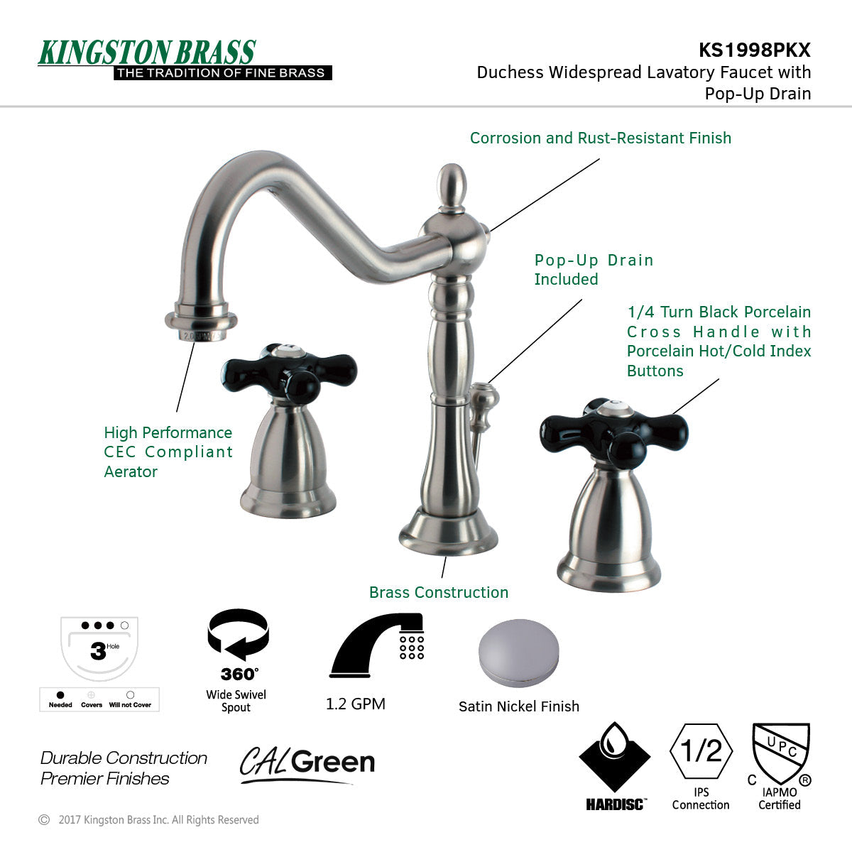 Duchess KS1998PKX Two-Handle 3-Hole Deck Mount Widespread Bathroom Faucet with Brass Pop-Up, Brushed Nickel