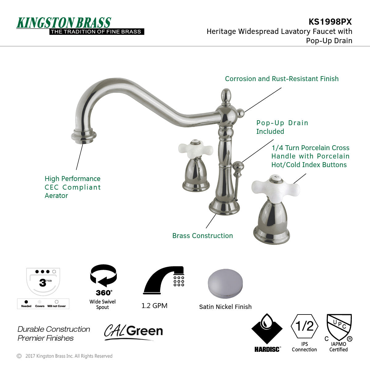 Heritage KS1998PX Two-Handle 3-Hole Deck Mount Widespread Bathroom Faucet with Brass Pop-Up, Brushed Nickel