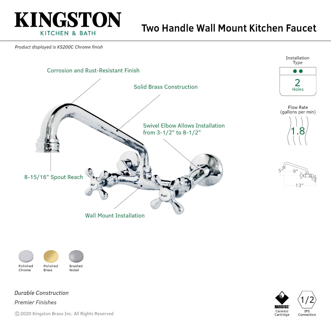 Kingston KS200C Two-Handle 2-Hole Wall Mount Kitchen Faucet, Polished Chrome