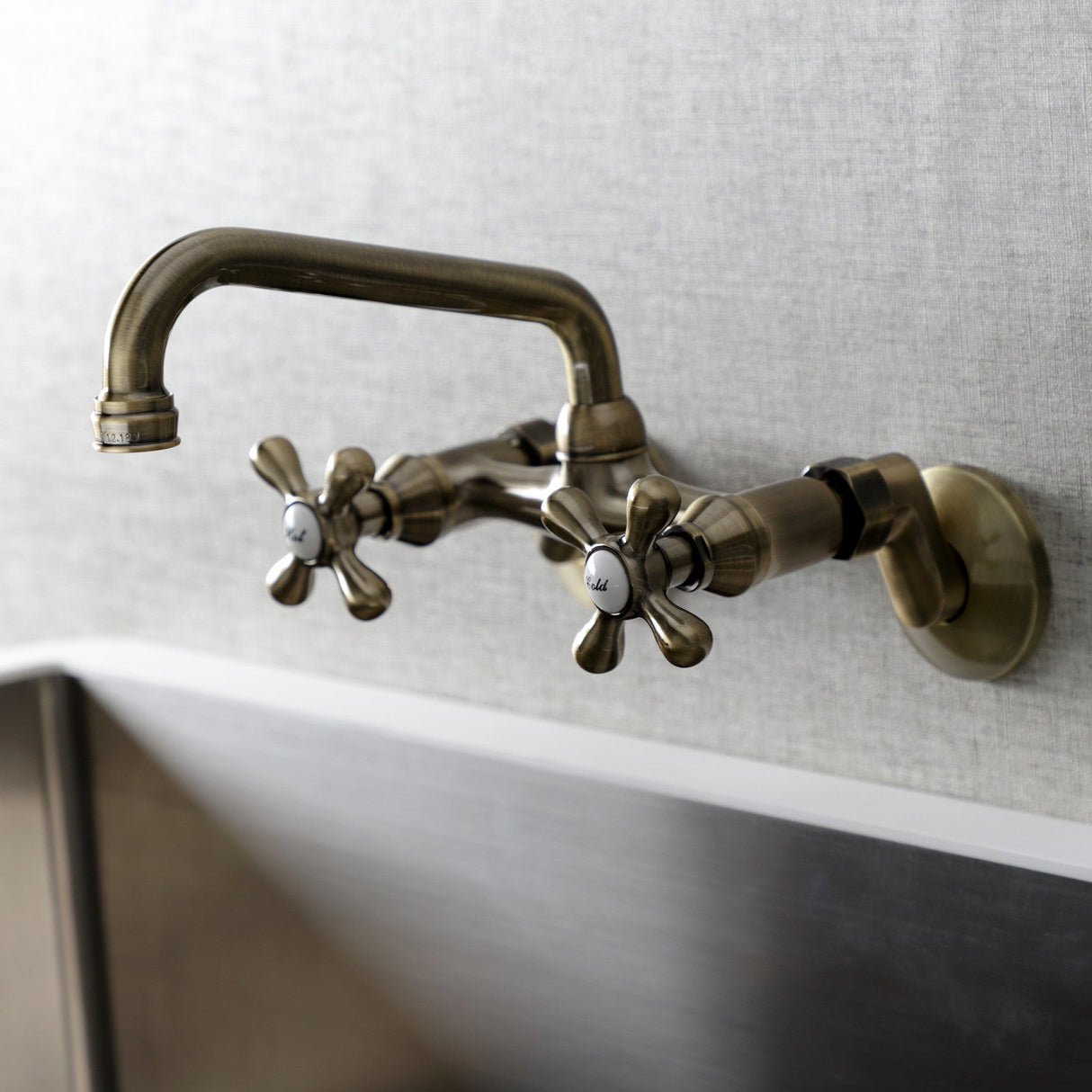 Kingston KS213AB Two-Handle 2-Hole Wall Mount Kitchen Faucet, Antique Brass