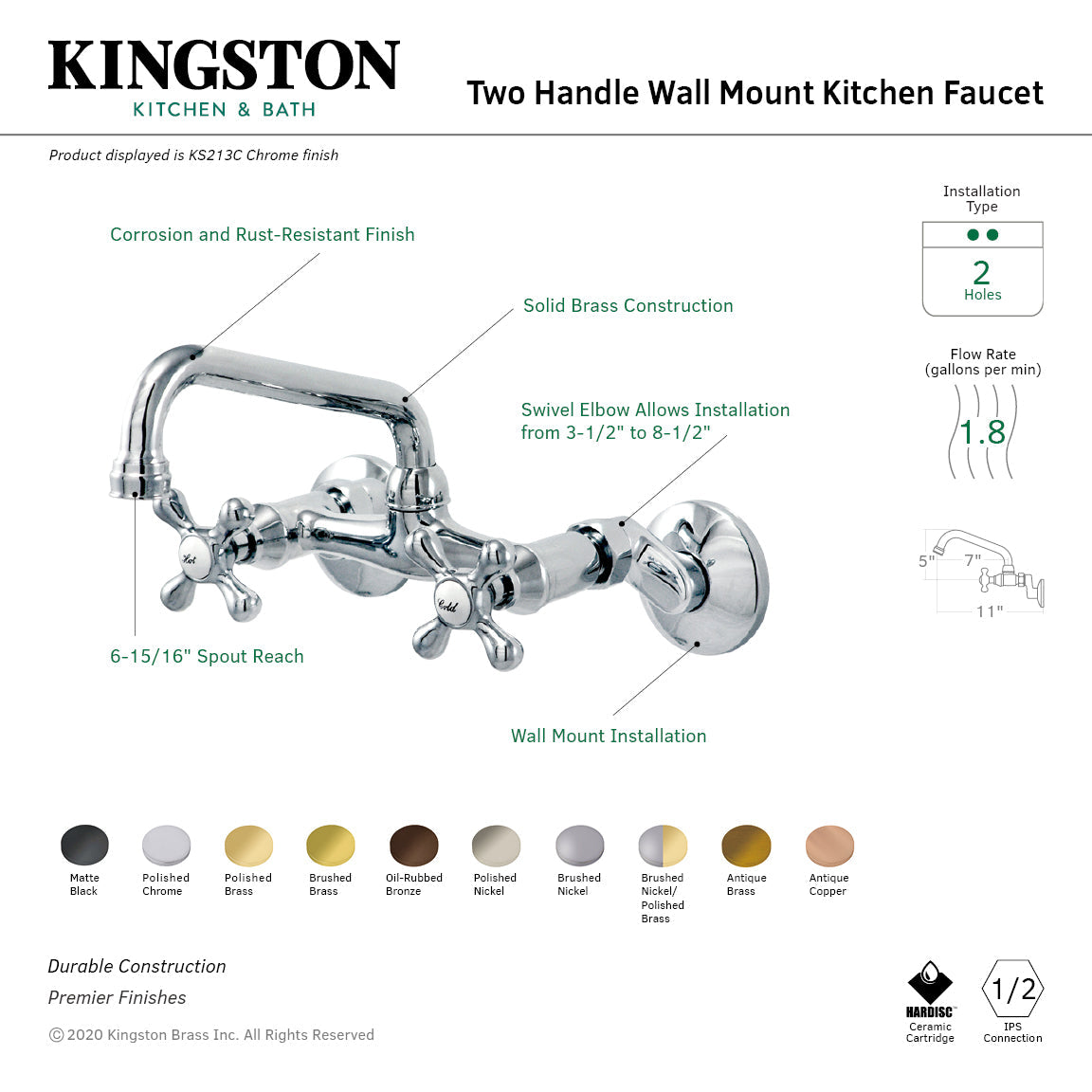 Kingston KS213MB Two-Handle 2-Hole Wall Mount Kitchen Faucet, Matte Black