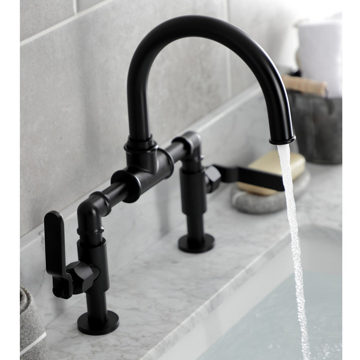 Whitaker KS2170KL Two-Handle 2-Hole Deck Mount Bridge Bathroom Faucet with Pop-Up Drain, Matte Black
