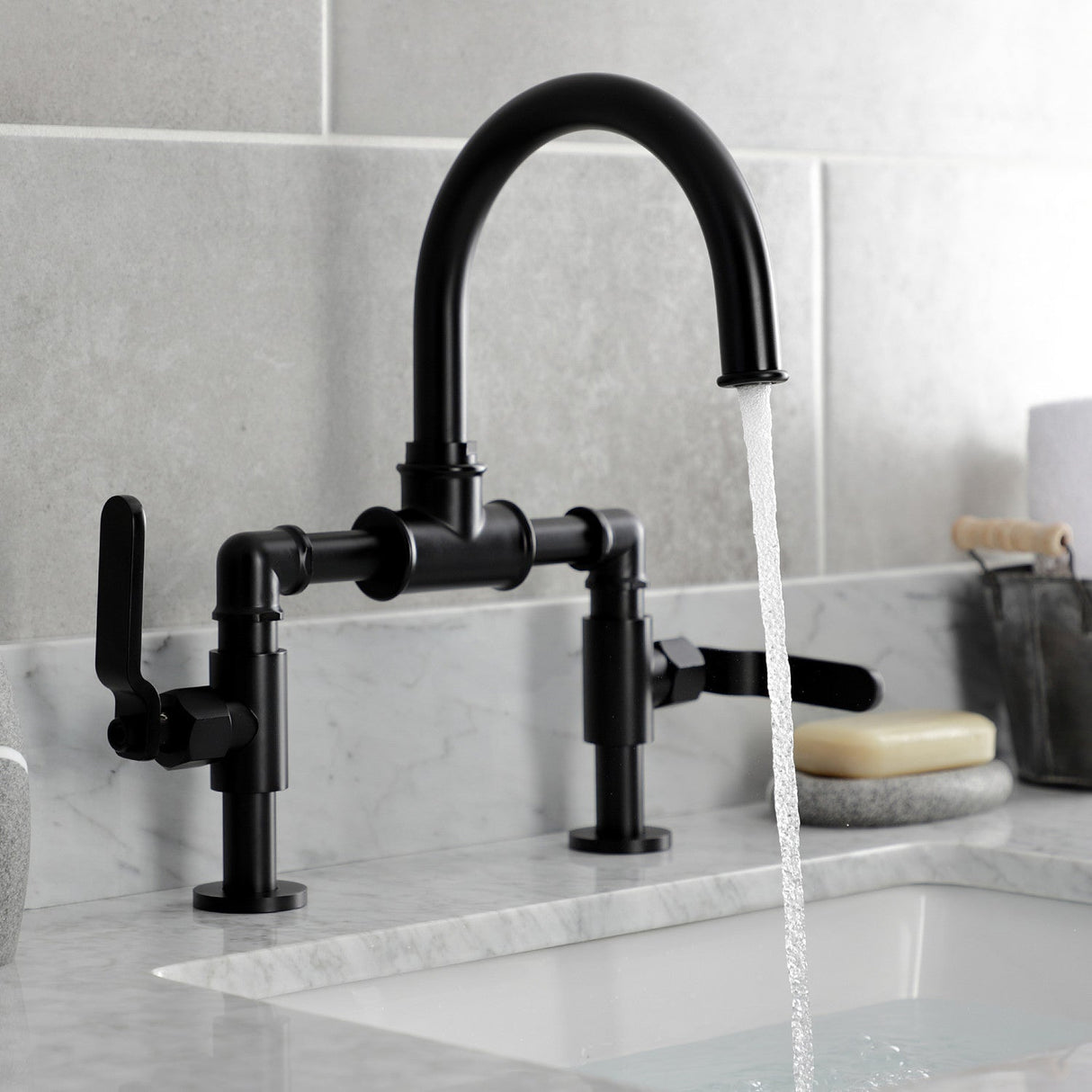 Whitaker KS2170KL Two-Handle 2-Hole Deck Mount Bridge Bathroom Faucet with Pop-Up Drain, Matte Black