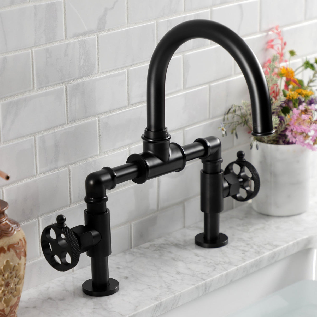 Webb KS2170RKX Two-Handle 2-Hole Deck Mount Bridge Bathroom Faucet with Knurled Handle and Push Pop-Up Drain, Matte Black