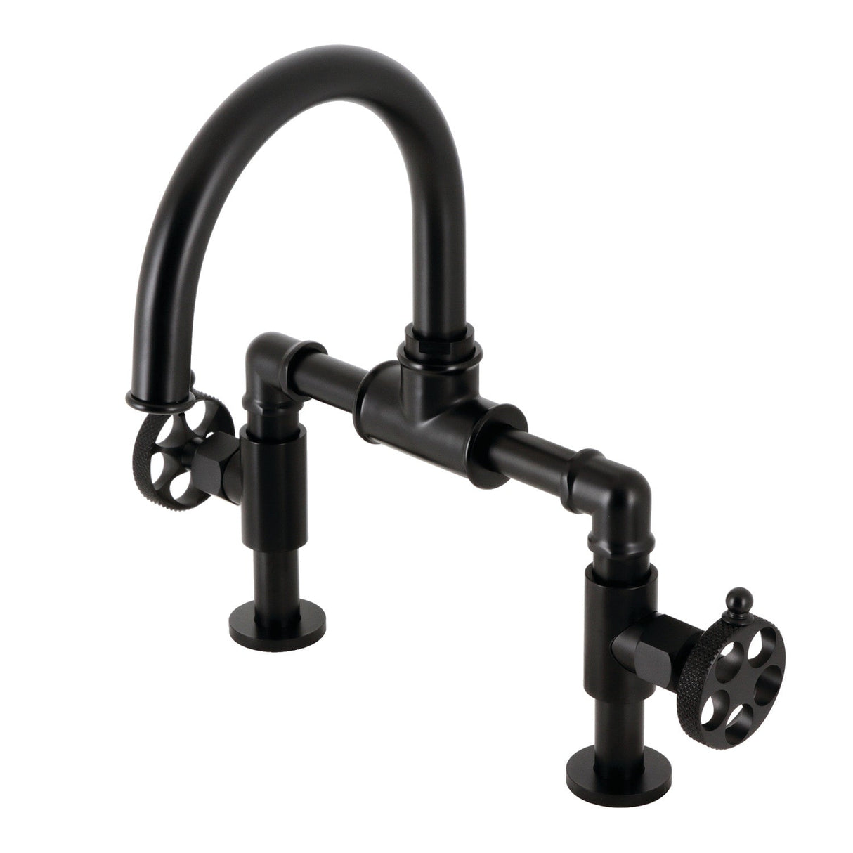 Webb KS2170RKX Two-Handle 2-Hole Deck Mount Bridge Bathroom Faucet with Knurled Handle and Push Pop-Up Drain, Matte Black